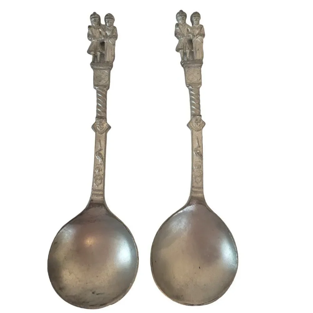 Pair Vintage Dutch Pewter Wedding Spoon Marriage Pilgrim William & Mary Holland
